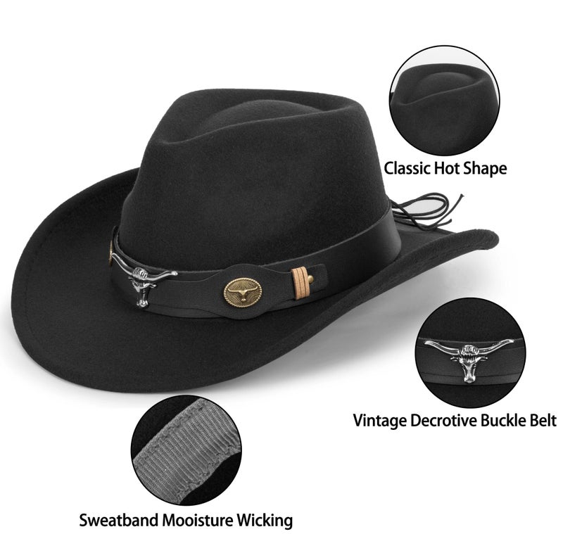 Mealah Women & Men Felt Western Cowboy Hat Classic Roll Up Brim Belt Buckle Cowgirl Fedora (M) - Image 3