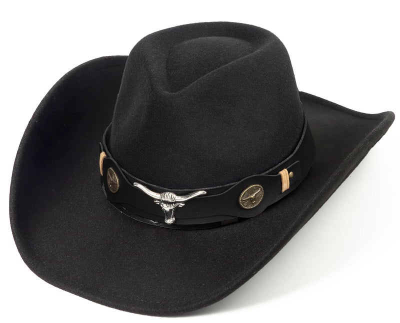 Mealah Women & Men Felt Western Cowboy Hat Classic Roll Up Brim Belt Buckle Cowgirl Fedora (M) - Image 1
