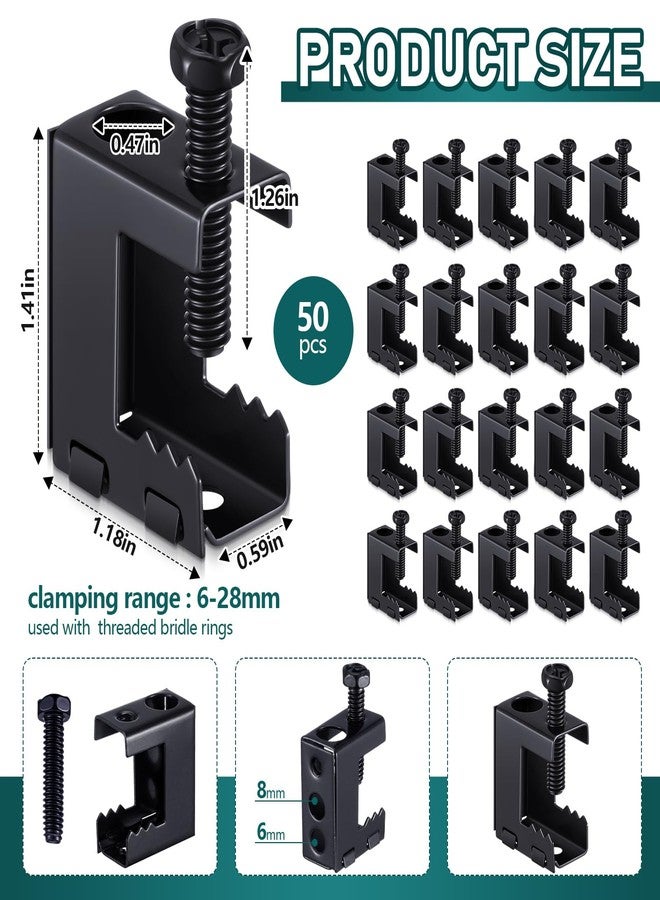 Tandefio 50 Pcs 1/4"-20 Spring Steel Beam Clamps Metal Beam Hangers Bolt on Clamp for Installation on Beams 1/4" and 3/8" Threaded Rod, S Hooks Bridle Rings for Pipe Cable Woodworking Tool (Black) - Image 2