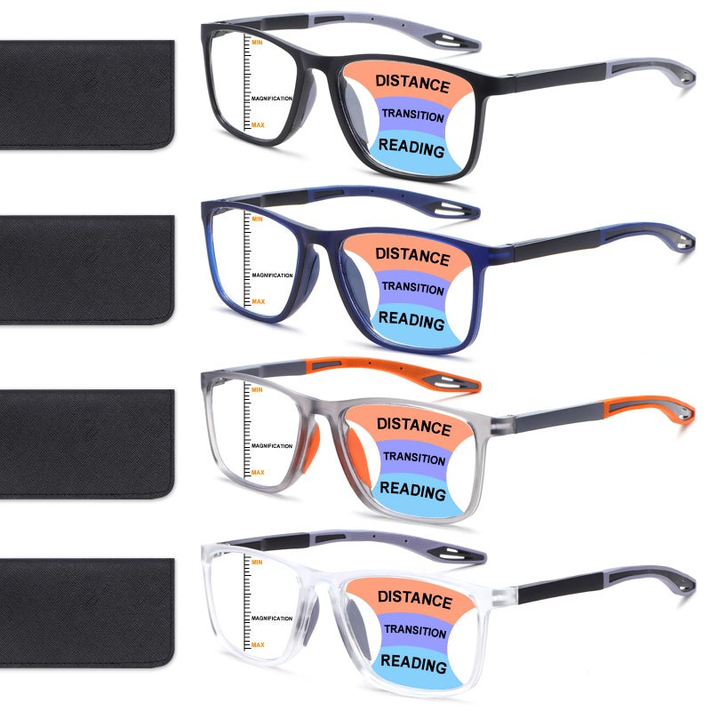 BLOEXCLU 4 Pack Progressive Multifocus Reading Glasses for Men Women TR90 Sports Style AntiBlue Light Computer Readers black blue grey transparent 125 x