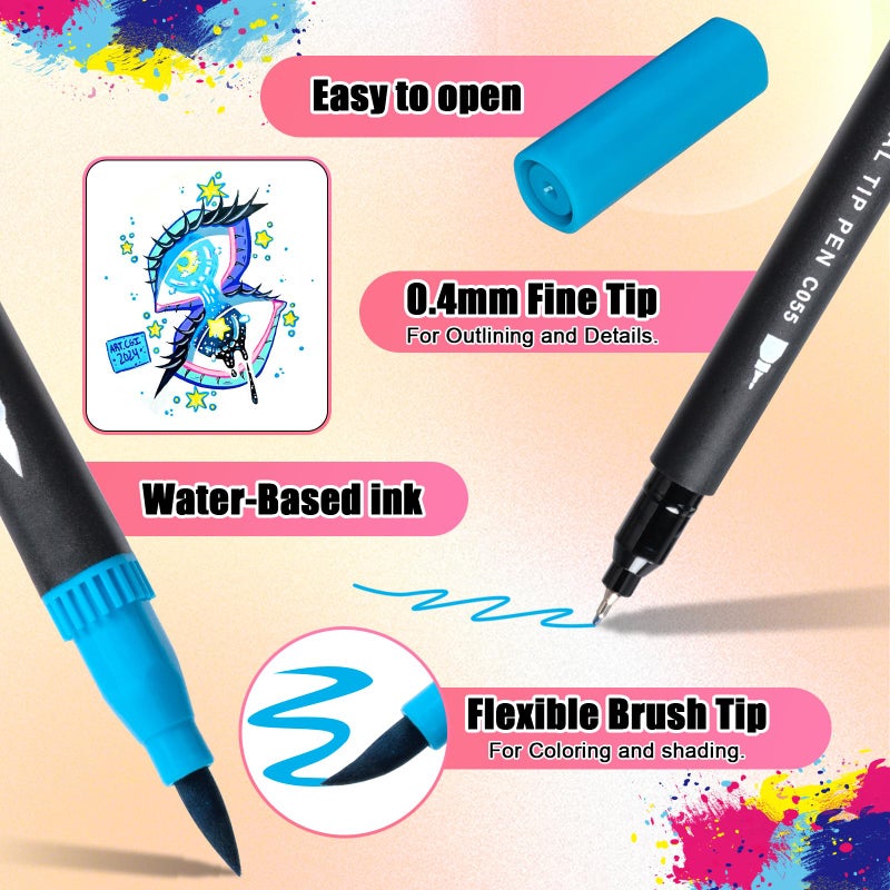 sunacme Art Supplier Dual Brush Markers Pens, 110 Artist Coloring Marker Set, Fineliner & Brush Tip Pen with Premium Case for Adults Coloring Books & Journal, Drawing, Doodlin - Image 2