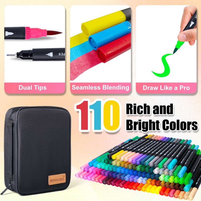 sunacme Art Supplier Dual Brush Markers Pens, 110 Artist Coloring Marker Set, Fineliner & Brush Tip Pen with Premium Case for Adults Coloring Books & Journal, Drawing, Doodlin - Image 3