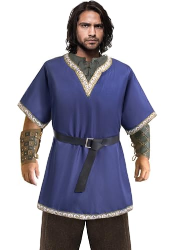 TOGROP Mens Medieval Costume Viking Pirate Tunic Knight Warrior Renaissance Shirts with Belt Blue M - Image 2