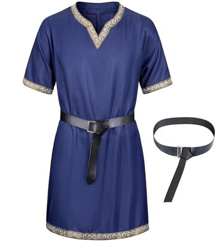 TOGROP Mens Medieval Costume Viking Pirate Tunic Knight Warrior Renaissance Shirts with Belt Blue M - Image 1