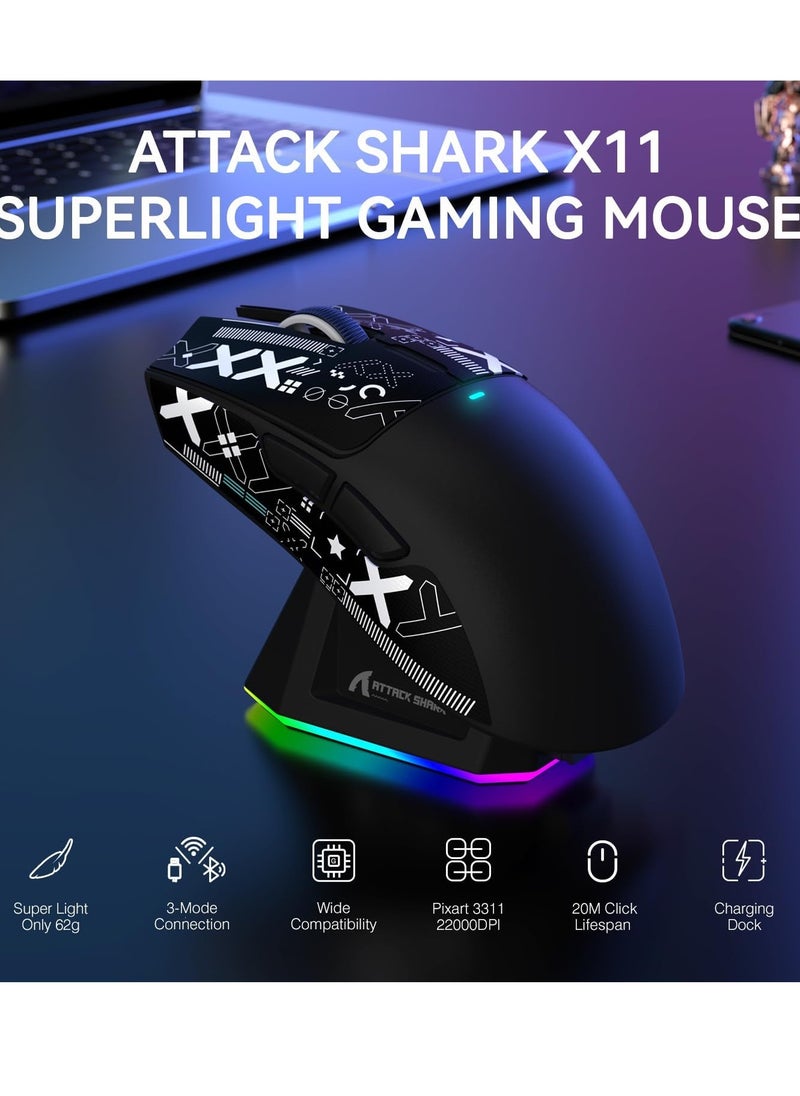 Attack Shark X11 Lightweight Wireless Gaming Mouse with RGB Charging Dock,Tri-Mode-2.4G/USB-C Wired/BT,22K DPI,PAW3311 Optical Sensor,HUYU Switch, 5 programmable Buttons for PC/Mac(Black&Sticker)  - Image 3