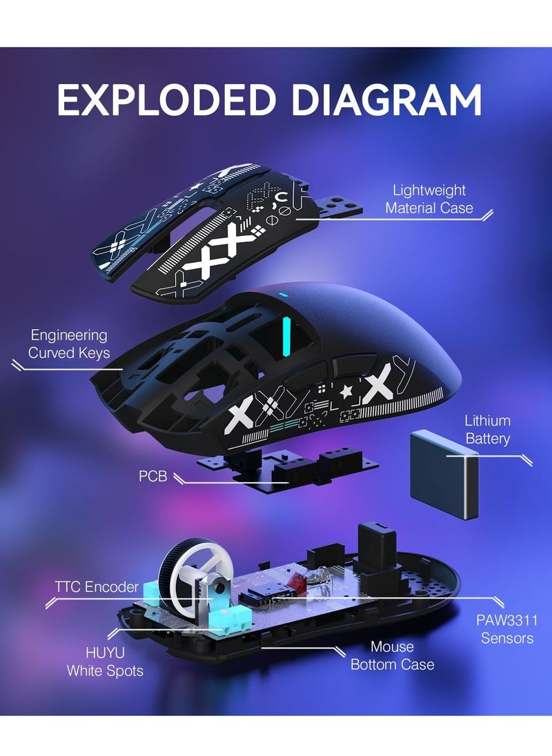 X11 Lightweight Wireless Gaming Mouse with RGB Charging Dock,Tri-Mode-2.4G/USB-C Wired/BT,22K DPI,PAW3311 Optical Sensor,HUYU Switch, 5 programmable Buttons for PC/Mac(Black&Sticker)