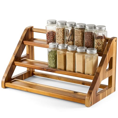 Tinamo Acacia Wood Spice Rack for Countertop - Wooden Tray Holds 24 Jars Spice Racks Organizer for Storage Shelf - 3 Tiered Spice Rack Organizer for Cabinet - Spice Shelf for Kitchen Pantry (Acacia) - Image 1