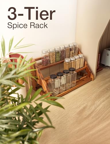 Tinamo Acacia Wood Spice Rack for Countertop - Wooden Tray Holds 24 Jars Spice Racks Organizer for Storage Shelf - 3 Tiered Spice Rack Organizer for Cabinet - Spice Shelf for Kitchen Pantry (Acacia) - Image 4