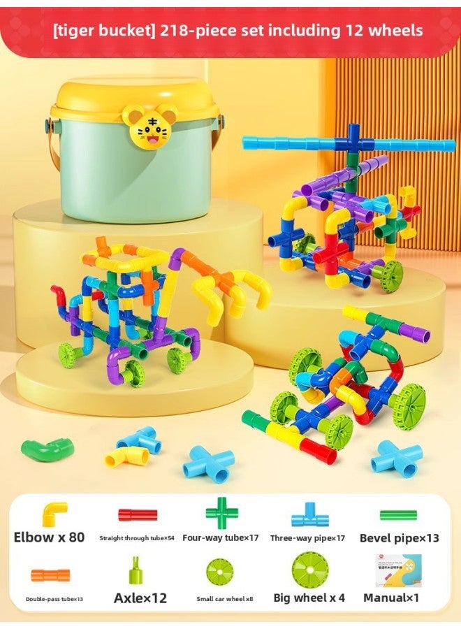 Intelligence Toys For Kids Pipe Puzzle Blocks Baby Assembly Puzzle Toys For Boys And Girls Educational Fun-Color:【tiger Storage Bucket】 218-piece Set Including 12 Wheels - Image 1
