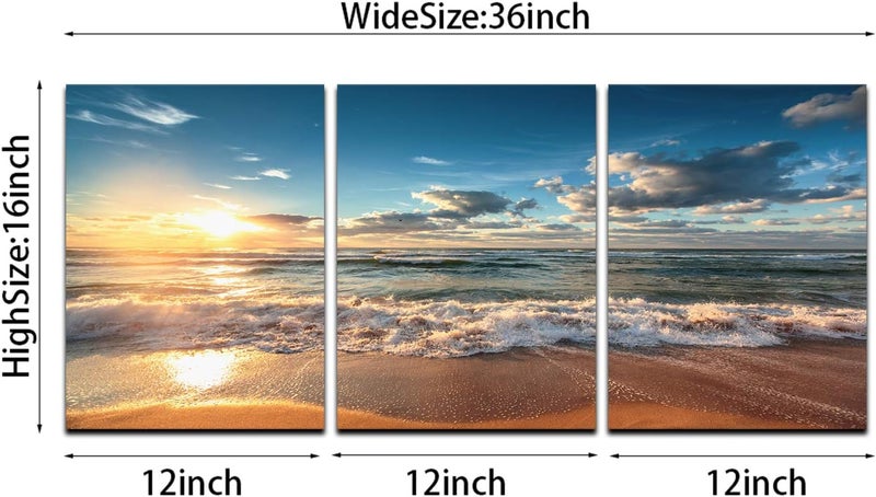 KAWAHONE Beach Canvas Wall Art, Sunset Ocean Waves Modern Artwork Landscape Poster Framed, Canvas Painting Prints Picture for Home Office Living Room, 12" x 16" x 3 PCS - Image 2
