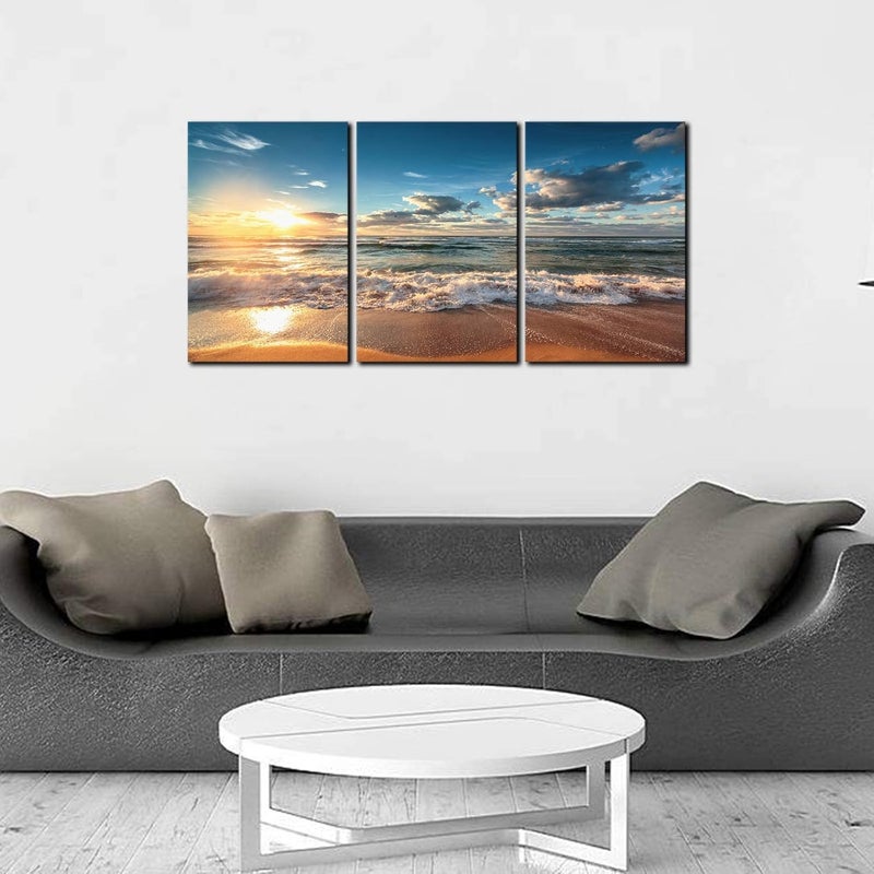 KAWAHONE Beach Canvas Wall Art, Sunset Ocean Waves Modern Artwork Landscape Poster Framed, Canvas Painting Prints Picture for Home Office Living Room, 12" x 16" x 3 PCS - Image 5