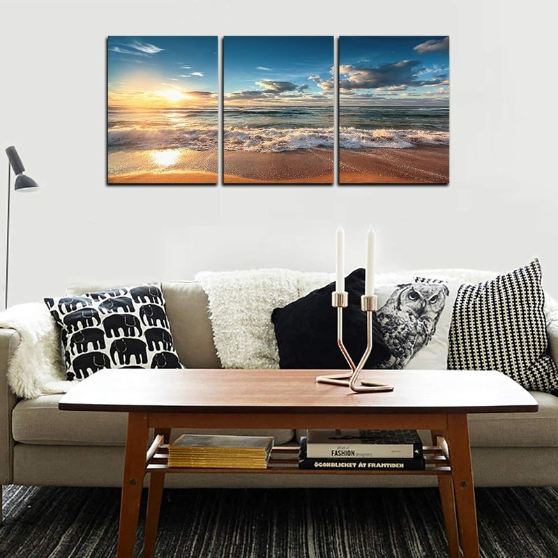 KAWAHONE Beach Canvas Wall Art, Sunset Ocean Waves Modern Artwork Landscape Poster Framed, Canvas Painting Prints Picture for Home Office Living Room, 12" x 16" x 3 PCS - Image 3