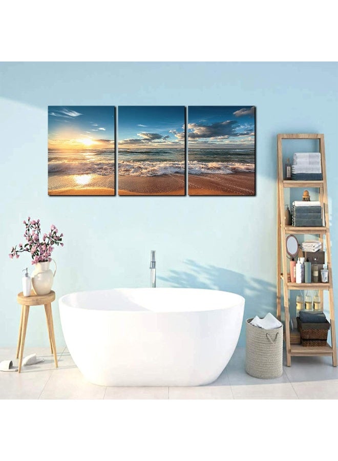 KAWAHONE Beach Canvas Wall Art, Sunset Ocean Waves Modern Artwork Landscape Poster Framed, Canvas Painting Prints Picture for Home Office Living Room, 12" x 16" x 3 PCS - Image 4