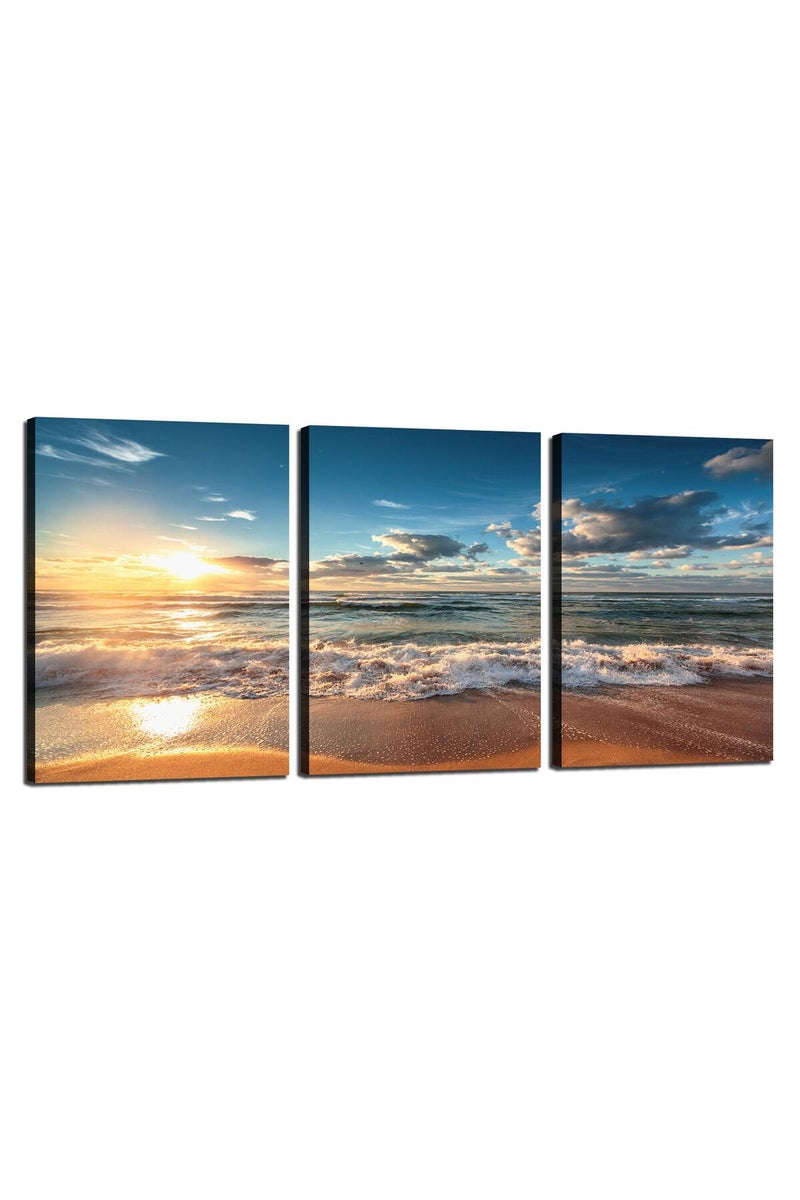 KAWAHONE Beach Canvas Wall Art, Sunset Ocean Waves Modern Artwork Landscape Poster Framed, Canvas Painting Prints Picture for Home Office Living Room, 12" x 16" x 3 PCS - Image 1