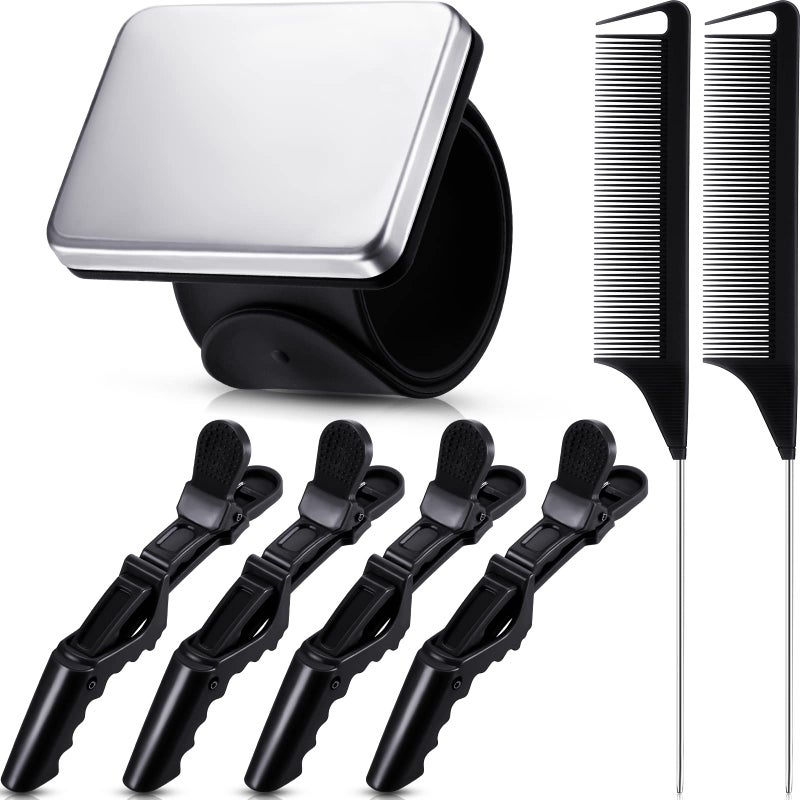 7 Pieces Hair Braiding Tools Magnetic Pin Wristband and 2 Pieces Stainless Steel Pintail Rat Tail Comb with 4 Wide Teeth Alligator Sectioning Hair Clip for Braid Tool Braid MakerBlack