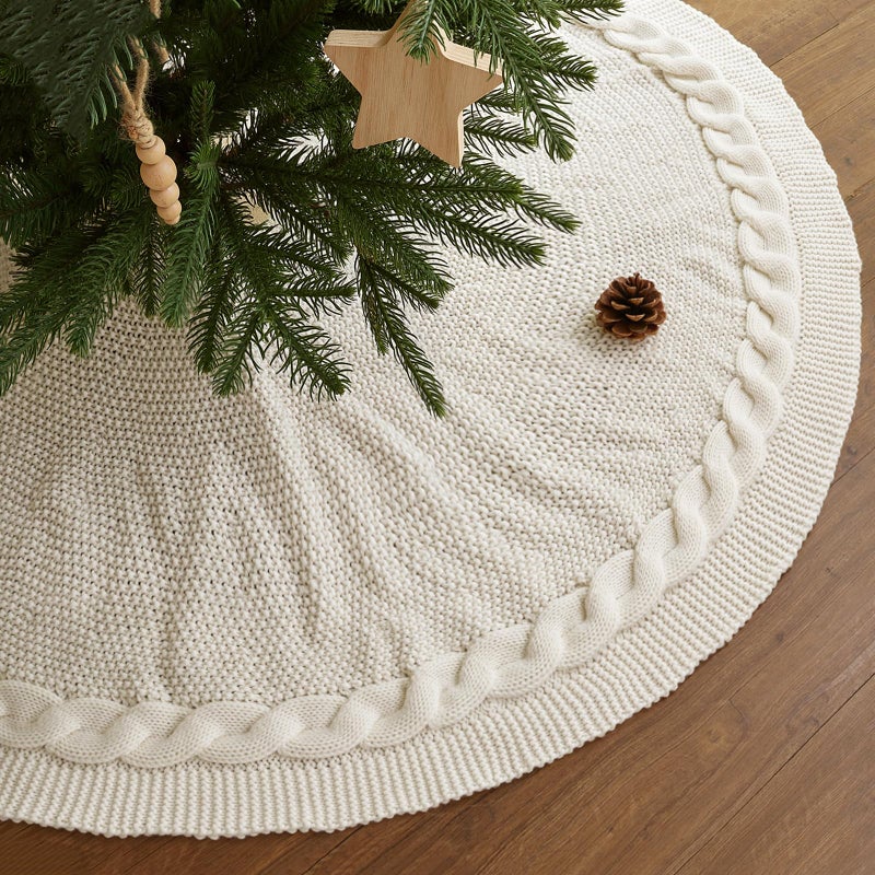 48 inch Christmas Tree Skirt Cable Knit Tree Skirt for 75ft Tree Cream White Tree Skirt Vintage Tree Skirts Rustic Farmhouse Christmas Decorations