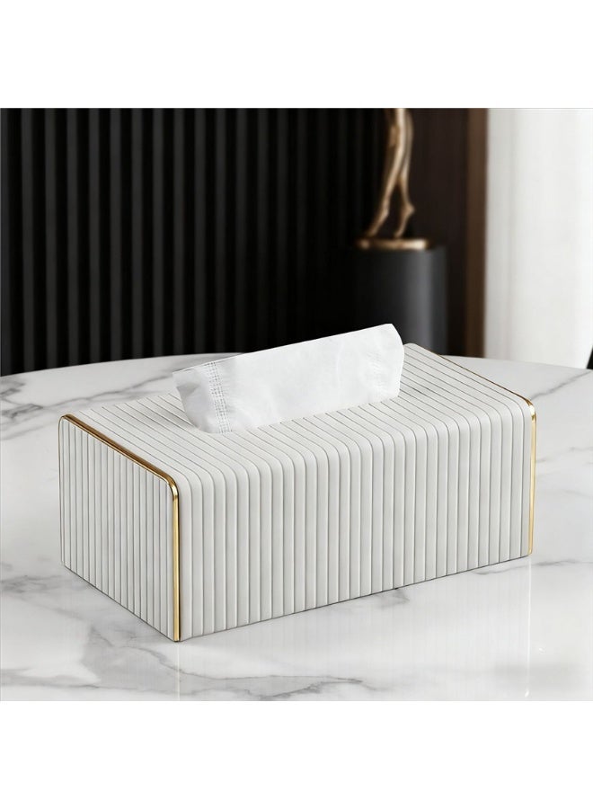 Tissue Box, PU Leather Tissue Holder with Lid, Facial Tissue Case Napkin Dispenser for Home Office Bathroom Bedroom Car, 25*14*10cm, White - Image 1