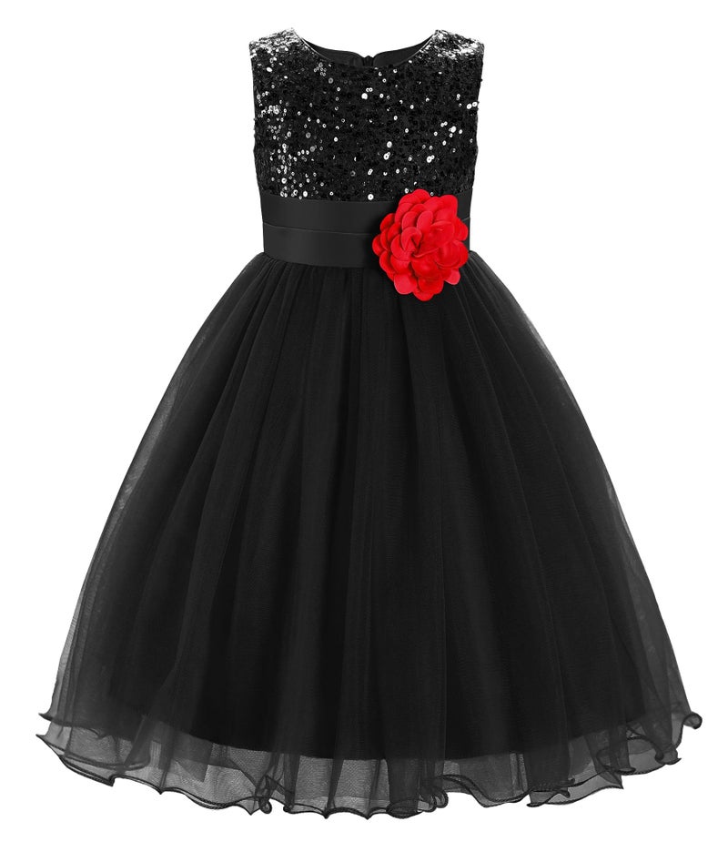 JerrisApparel Little Girls Sequin Mesh Flower Ball Gown Party Dress Tulle Prom 7 Black