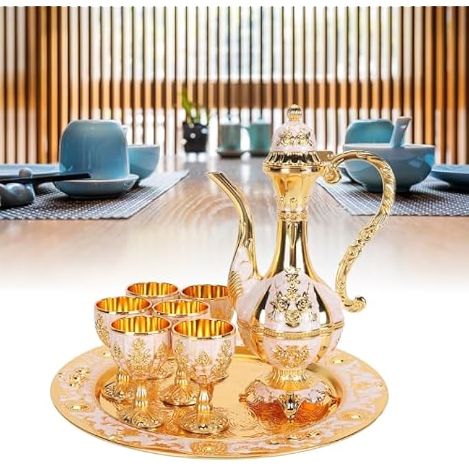 rayihni Turkish Tea Set Metal Teapot Set And Vintage Turkish Coffee Pot With 6 Coffee Cups And Tea Tray Coffee Pot Set Zinc Alloy Tea Tray Teapot And Tea Cups For Wedding Art Crafts - Image 5