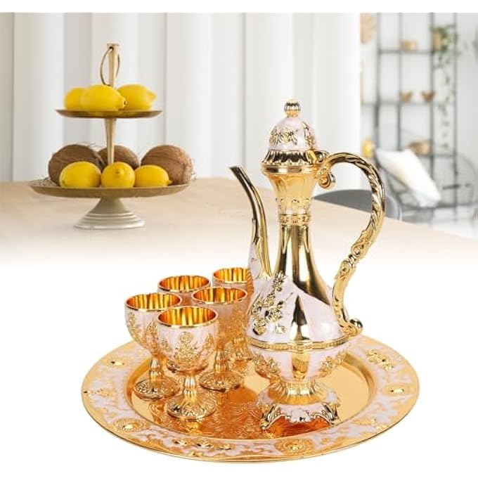 rayihni Turkish Tea Set Metal Teapot Set And Vintage Turkish Coffee Pot With 6 Coffee Cups And Tea Tray Coffee Pot Set Zinc Alloy Tea Tray Teapot And Tea Cups For Wedding Art Crafts - Image 4