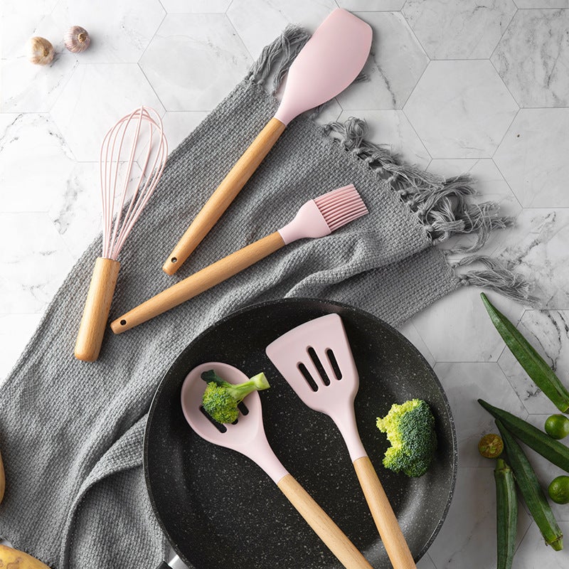 Beech Wood Handle With Storage Bucket Pink Silicone Kitchenware Set New Color 11-Piece Set For Home Use - Image 4