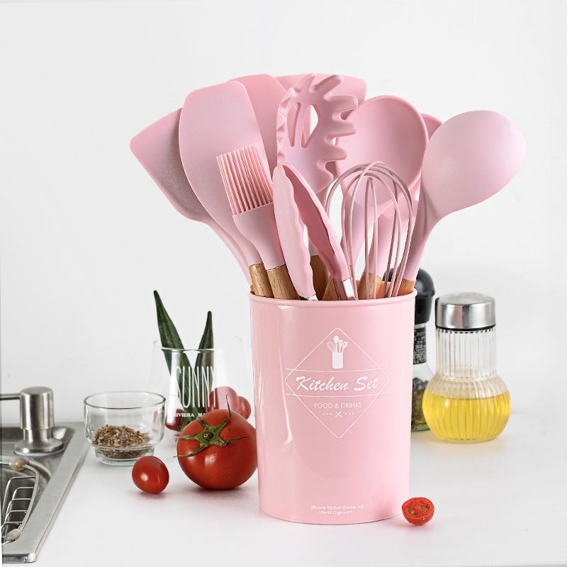 Beech Wood Handle With Storage Bucket Pink Silicone Kitchenware Set New Color 11-Piece Set For Home Use - Image 3