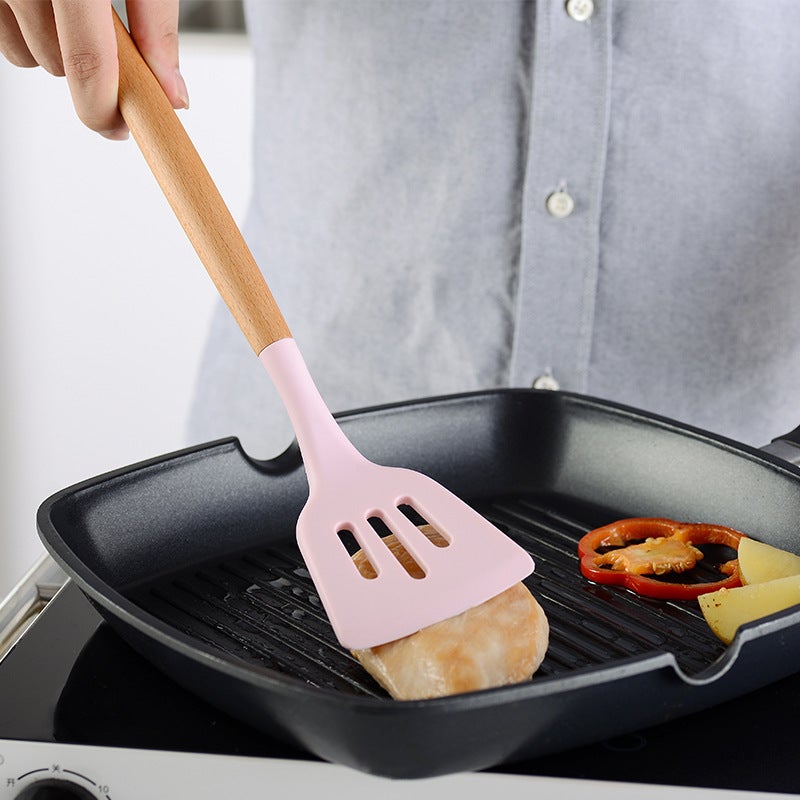 Beech Wood Handle With Storage Bucket Pink Silicone Kitchenware Set New Color 11-Piece Set For Home Use - Image 5