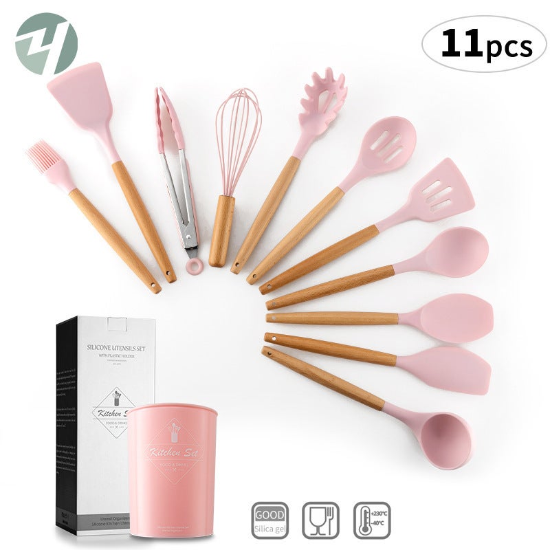 Beech Wood Handle With Storage Bucket Pink Silicone Kitchenware Set New Color 11-Piece Set For Home Use - Image 2