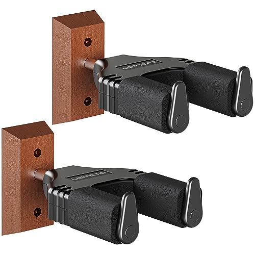 Ueteto Guitar Wall Mount Hanger, Hard Wood Base Guitar Hook Auto Locking for Acoustic, Classical, Electric, Bass Guitars, Ukuleles， 2 Pack. - Image 1