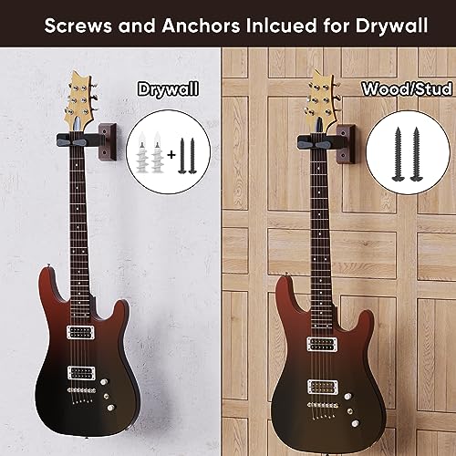 Ueteto Guitar Wall Mount Hanger, Hard Wood Base Guitar Hook Auto Locking for Acoustic, Classical, Electric, Bass Guitars, Ukuleles， 2 Pack. - Image 2