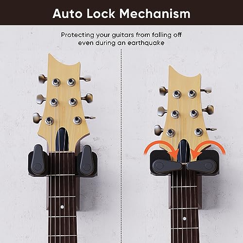 Ueteto Guitar Wall Mount Hanger, Hard Wood Base Guitar Hook Auto Locking for Acoustic, Classical, Electric, Bass Guitars, Ukuleles， 2 Pack. - Image 3