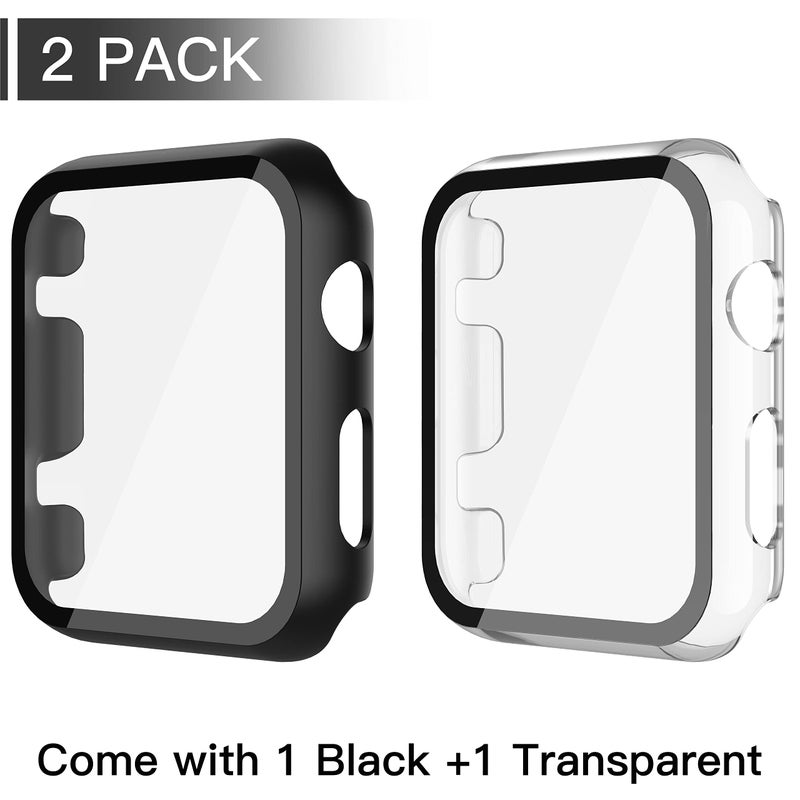 Misxi 2 Pack PC Case with Tempered Glass Screen Protector Compatible with Apple Watch Series 3 Series 2 38mm, HD Overall Shockproof Protective Cover for iWatch, 1 Black + 1 Transparent - Image 2