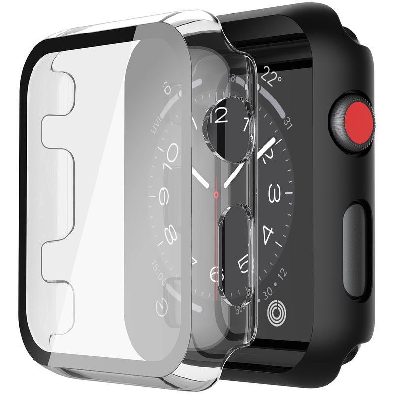 Misxi 2 Pack PC Case with Tempered Glass Screen Protector Compatible with Apple Watch Series 3 Series 2 38mm, HD Overall Shockproof Protective Cover for iWatch, 1 Black + 1 Transparent - Image 1