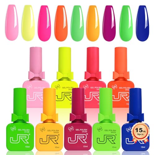 JR 9pcs 05oz Neon Gel Nail Polish Set Including Red Pink Nude Blue Orange Profesional Gel Polish Kit Soak Off Polish Home DIY Soak Off UV LED Nail Gel Kit DIY Manicure - Image 1
