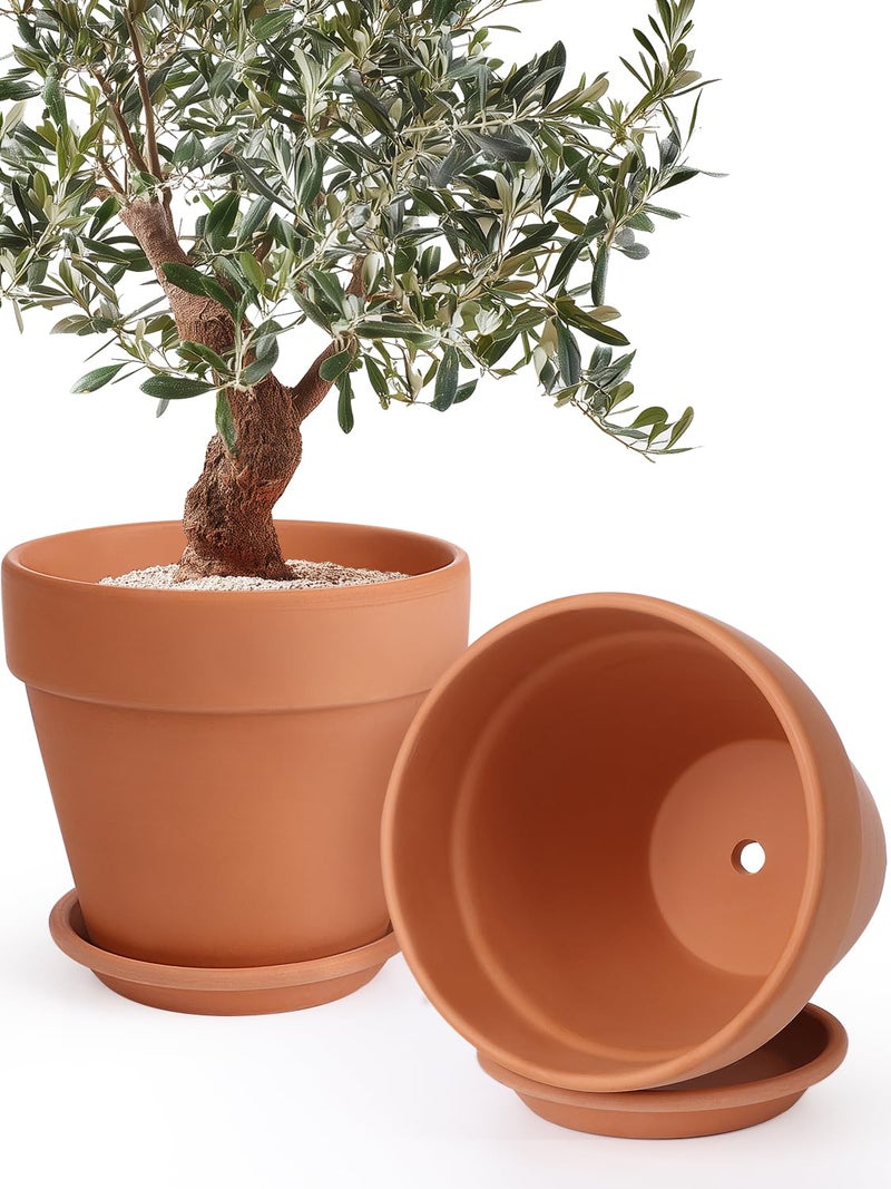 INGOFIN 12 Inch Terracotta Pot Set of 2 with Saucer - Ceramic Clay Pot for Plants with Drainage Hole, Large Terra Cotta Flower Planter with Tray for Indoor Outdoor Plants - Image 1