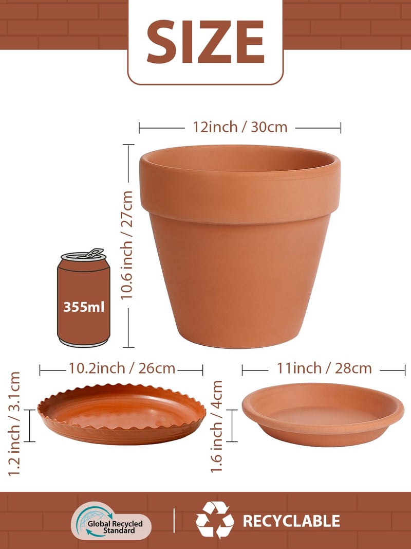 INGOFIN 12 Inch Terracotta Pot Set of 2 with Saucer - Ceramic Clay Pot for Plants with Drainage Hole, Large Terra Cotta Flower Planter with Tray for Indoor Outdoor Plants - Image 2