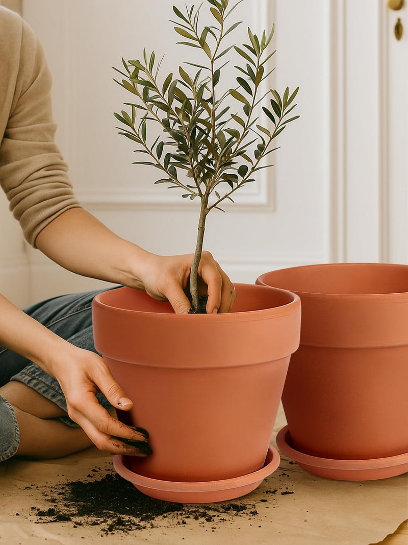 INGOFIN 12 Inch Terracotta Pot Set of 2 with Saucer - Ceramic Clay Pot for Plants with Drainage Hole, Large Terra Cotta Flower Planter with Tray for Indoor Outdoor Plants - Image 5