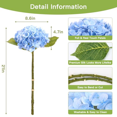 JPSOR 4pcs Blue Hydrangea Artificial Flowers 21in Real Touch Hydrangeas Flowers Lifelike Fake Hydrangea Flower for Home Decor Party Floral Arrangements Wedding Bouquets Centerpieces - Image 3