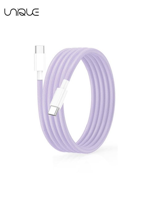 كابل شحن بطول 2 متر - كابل شاحن من النوع C مضفر بطول 60 واط للشحن السريع - كابل شاحن USB C إلى USB C لسلسلة iPhone 16 / Samsung / MacBook / Google / Android / كابل شاحن هاتف لاب توب - بنفسجي