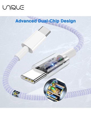 كابل شحن بطول 2 متر - كابل شاحن من النوع C مضفر بطول 60 واط للشحن السريع - كابل شاحن USB C إلى USB C لسلسلة iPhone 16 / Samsung / MacBook / Google / Android / كابل شاحن هاتف لاب توب - بنفسجي - view 3