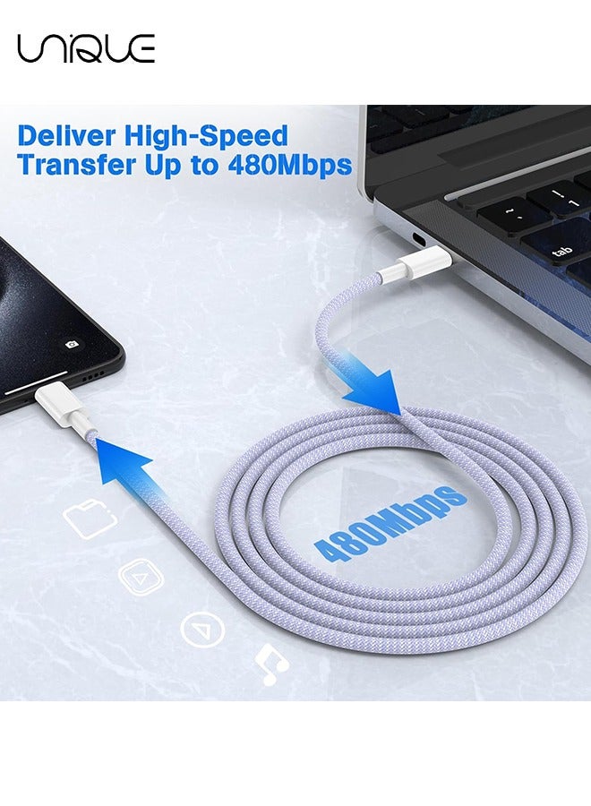 يونيك كابل شحن بطول 2 متر - كابل شاحن من النوع C مضفر بطول 60 واط للشحن السريع - كابل شاحن USB C إلى USB C لسلسلة iPhone 16 / Samsung / MacBook / Google / Android / كابل شاحن هاتف لاب توب - بنفسجي - Image 4