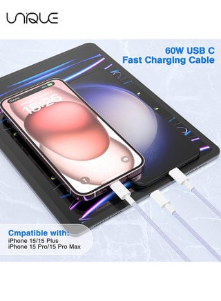 كابل شحن بطول 2 متر - كابل شاحن من النوع C مضفر بطول 60 واط للشحن السريع - كابل شاحن USB C إلى USB C لسلسلة iPhone 16 / Samsung / MacBook / Google / Android / كابل شاحن هاتف لاب توب - بنفسجي - view 5