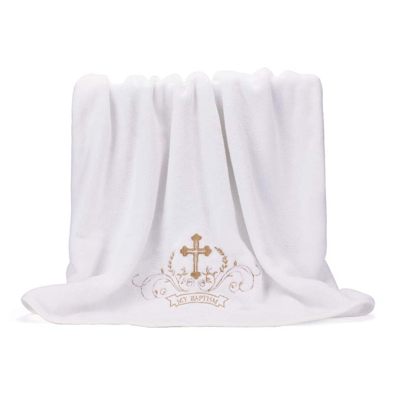 My Baptism Baby Christening Dedication White Blanket with Embroidered Cross Premium Soft Warm Cozy Coral Fleece Toddler Infant or Newborn Receiving Blanket