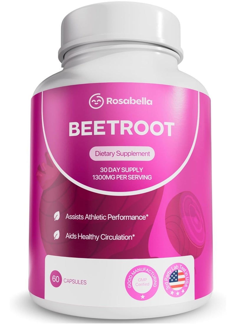 Rosabella Rosabella Organic Beet Root Capsules – 1300mg Beetroot Powder for Natural Energy & Endurance Support, Non-GMO, Lab-Tested Beet Supplement - 60 Capsules, 30-Day Supply  - Image 1