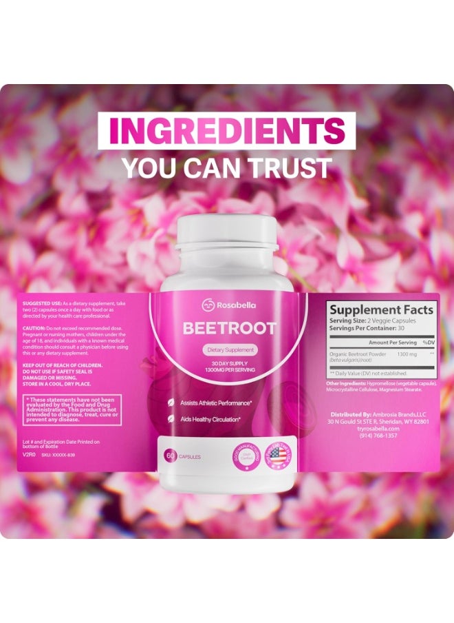 Rosabella Rosabella Organic Beet Root Capsules – 1300mg Beetroot Powder for Natural Energy & Endurance Support, Non-GMO, Lab-Tested Beet Supplement - 60 Capsules, 30-Day Supply  - Image 2