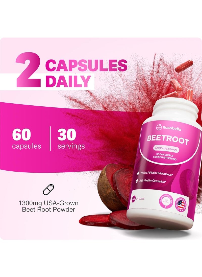 Rosabella Rosabella Organic Beet Root Capsules – 1300mg Beetroot Powder for Natural Energy & Endurance Support, Non-GMO, Lab-Tested Beet Supplement - 60 Capsules, 30-Day Supply  - Image 4