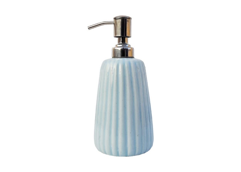 Kaolinite Ceramic Bathroom Accessories Set for Utility and Bathroom Decor | Liquid Soap Dispenser, soap Tray, Toothbrush Musk Melon Design Sky Blue (MU-6) - Image 2