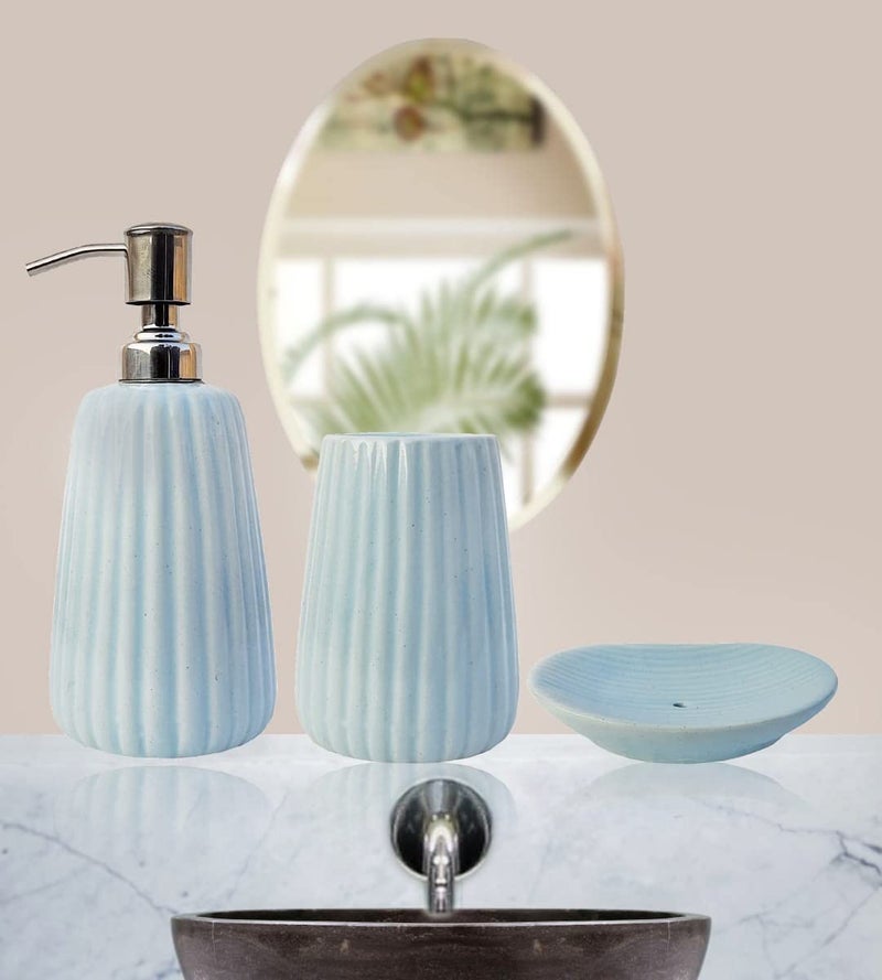 Kaolinite Ceramic Bathroom Accessories Set for Utility and Bathroom Decor | Liquid Soap Dispenser, soap Tray, Toothbrush Musk Melon Design Sky Blue (MU-6) - Image 5