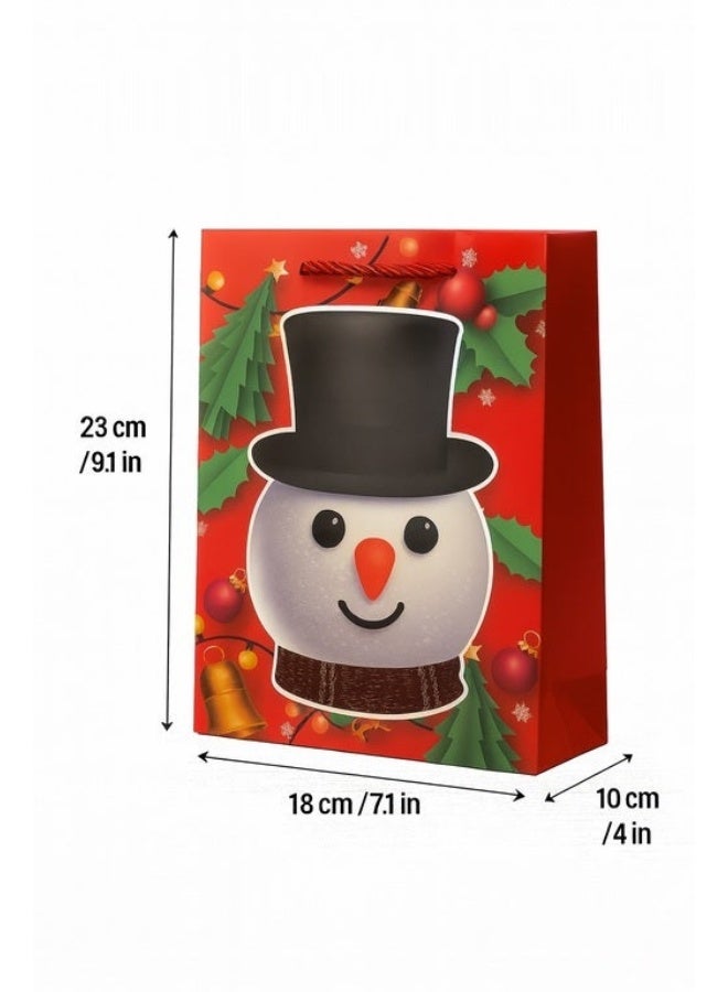 Bright Red Christmas Gift Bag: Smiling Snowman, Holly, and String Lights Design (small)