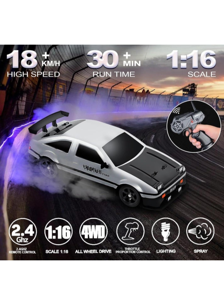 Remote Control Car RC Drift Car 1/16 Scale 4WD 18KM/H High Speed RC Car 2.4GHz with LED Lights Spray Racing Toy Car for Adults Boys Girls Kids Birthday 2Pcs Rechargeable Batteries (White) - Image 2